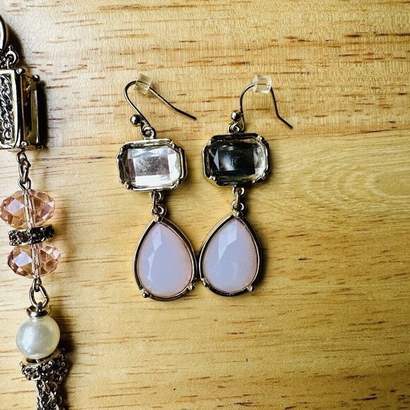 Vintage CHICO'S Necklace Earrings‎ Two Tone Pale Pink Crystal Long Tassel 23" - Picture 4 of 11